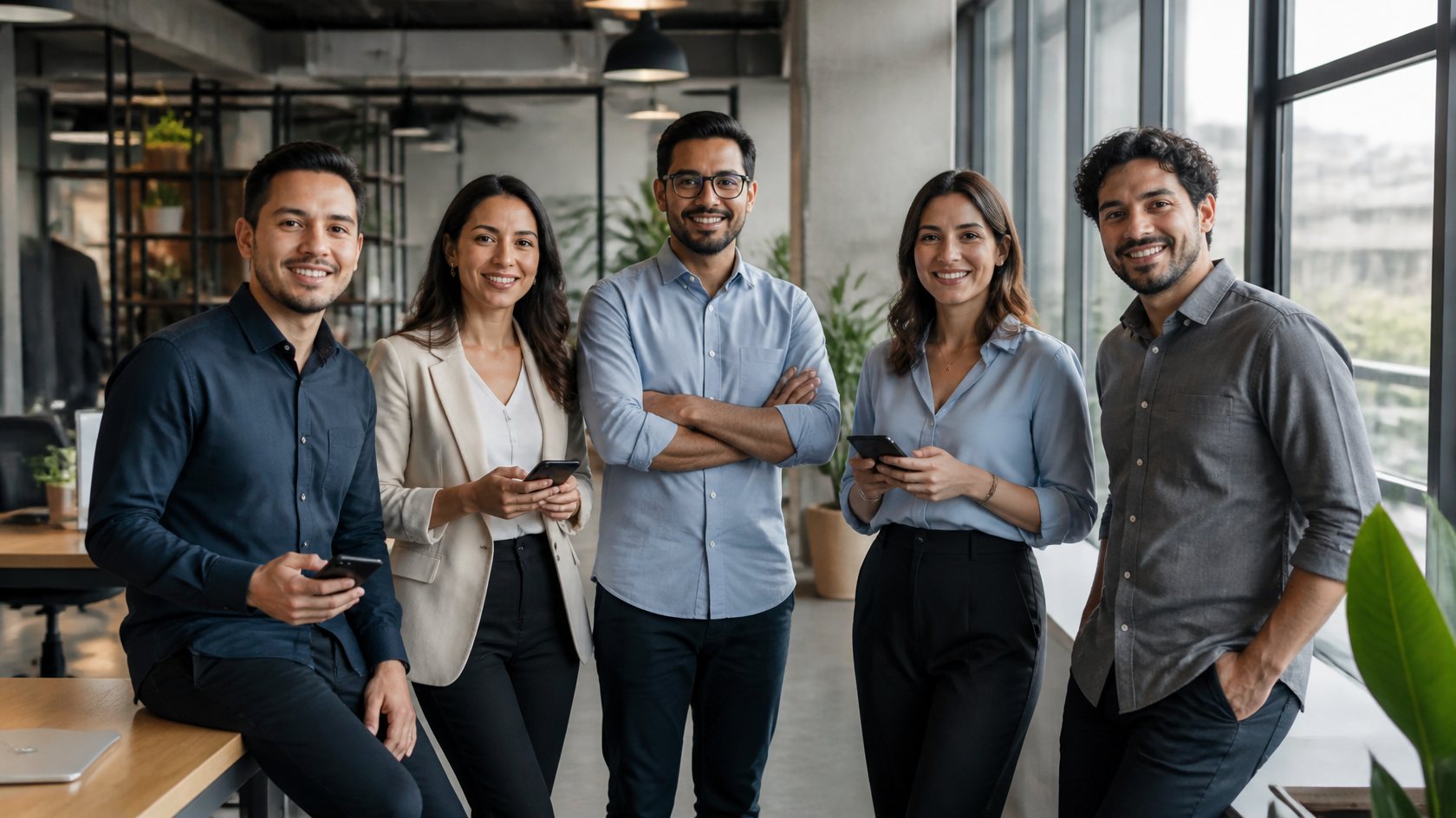 Equipo de profesionales en una oficina, varios con su celular en la mano