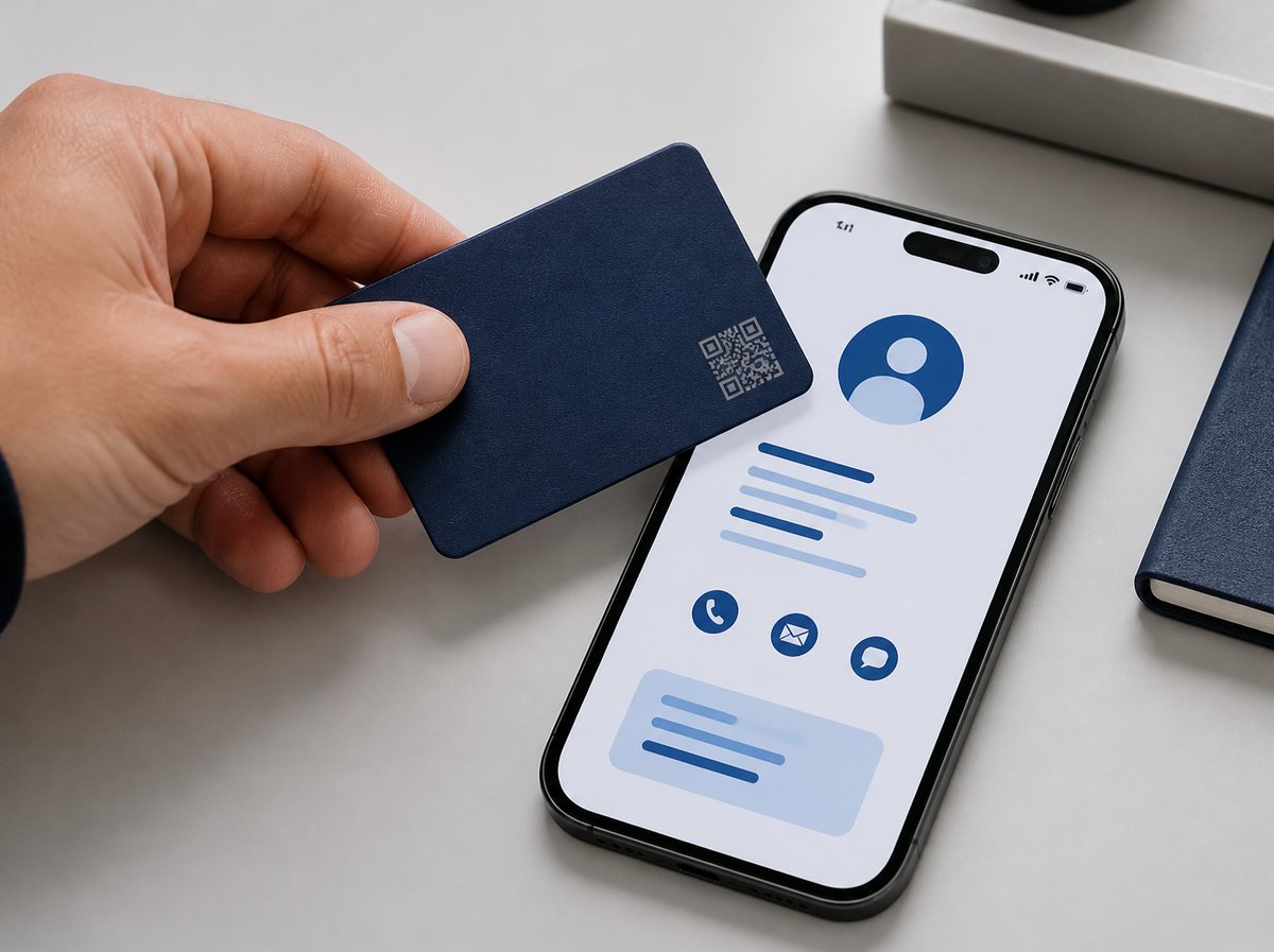Mano acercando una tarjeta NFC a un celular que muestra la tarjeta digital