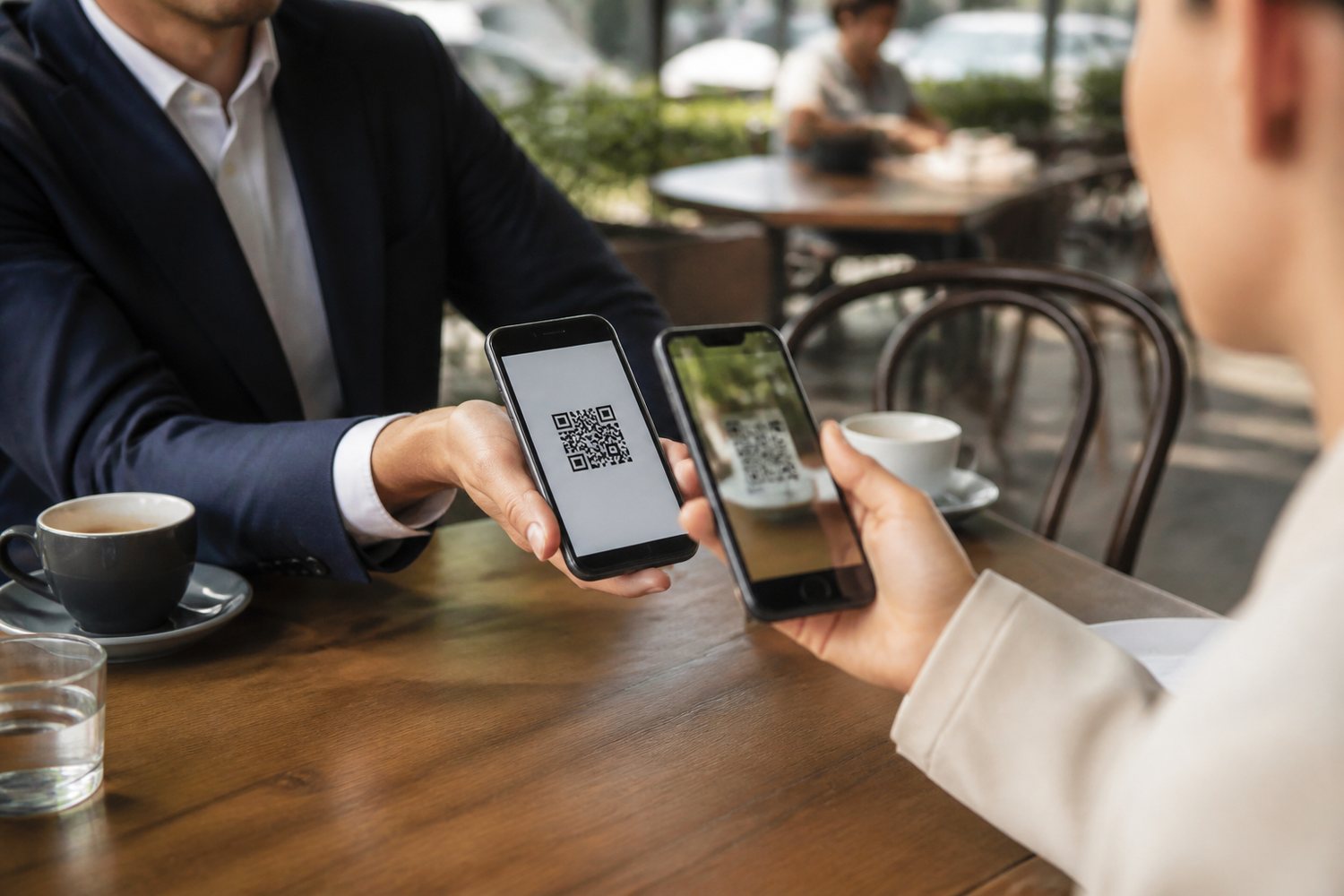 Dos profesionales en un café, uno escanea con su celular el QR de la tarjeta del otro